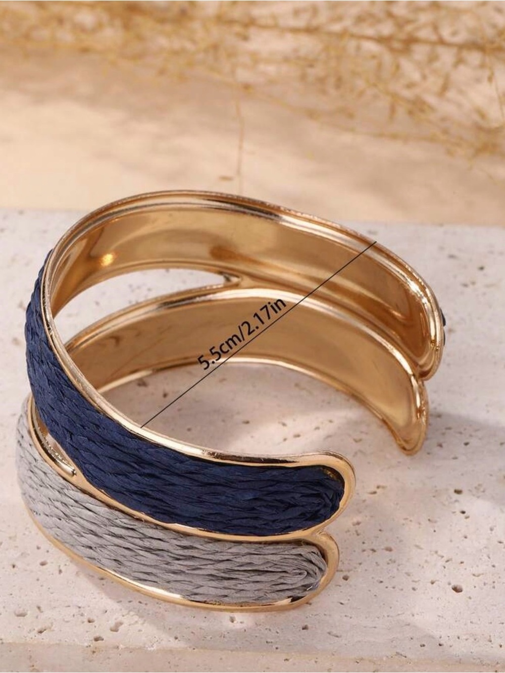 Gold-Tone Navy and Light Blue Woven Cuff Bracelet - Picture 5 of 9